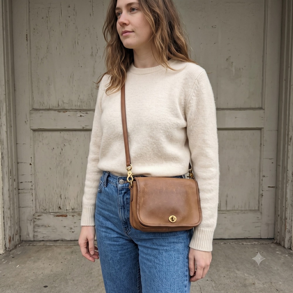 Vintage 90s Coach Penny Pocket Bag OS Brown Leather Crossbody Dark Academia